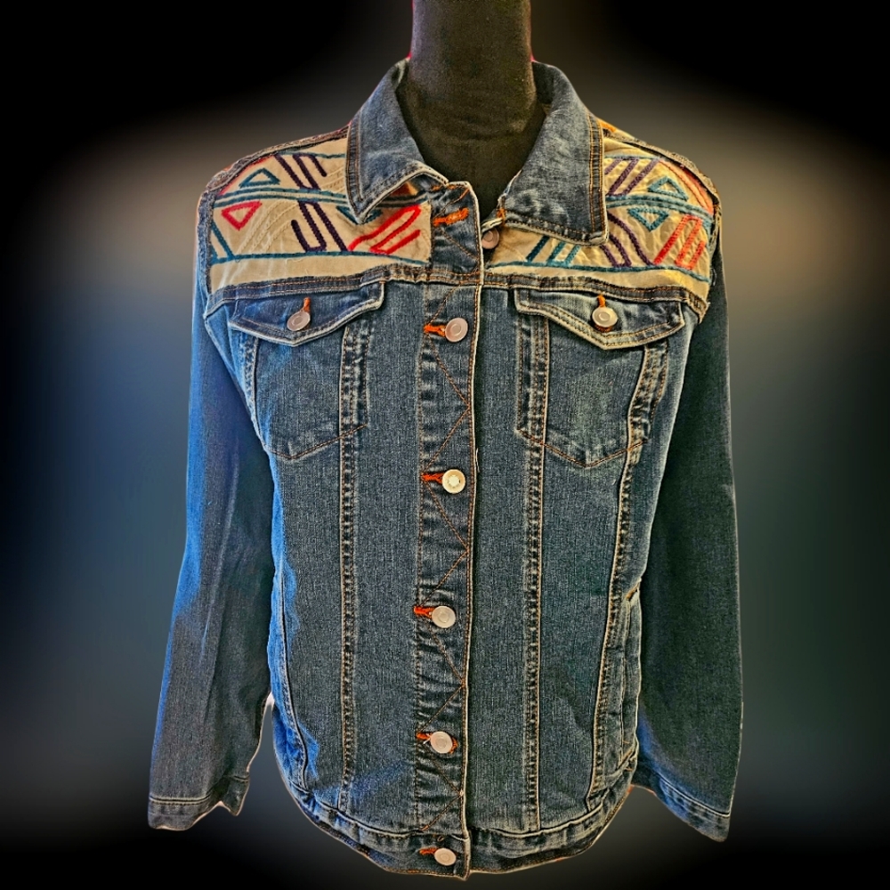 NWT UPCYCLED "Time & Tru" Classic Textile Embroidered Denim Jacket Sz-XL